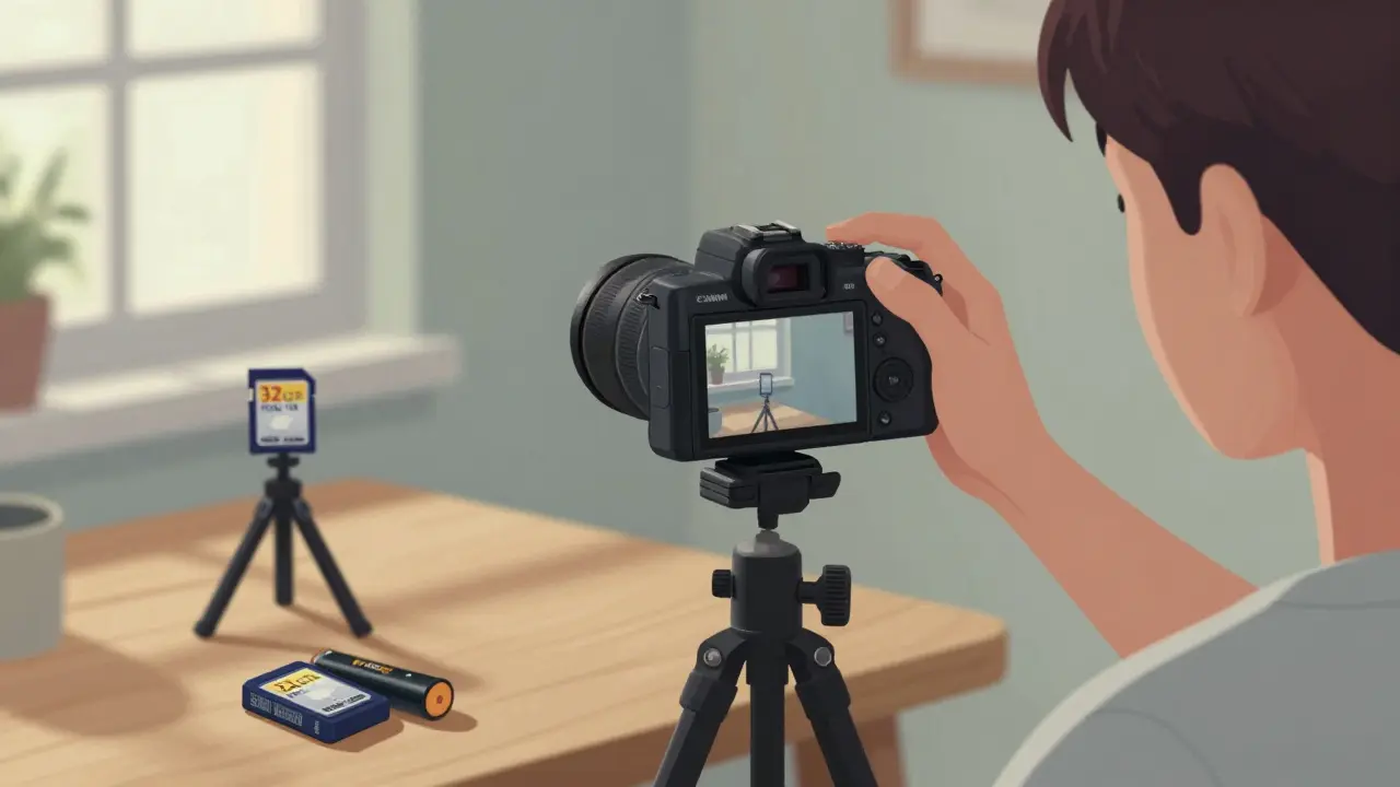 Eine Person fotografiert sich mit einer Canon M50 Mark II vor einem Fenster, ein Stativ und Speicherkarte liegen daneben.