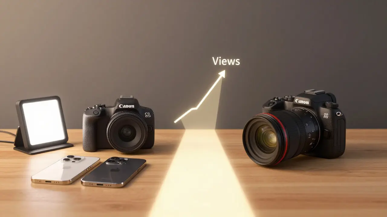 Einfache Kamera und Smartphone neben Licht und Mikrofon – teure Ausrüstung liegt ungenutzt im Dunkeln.