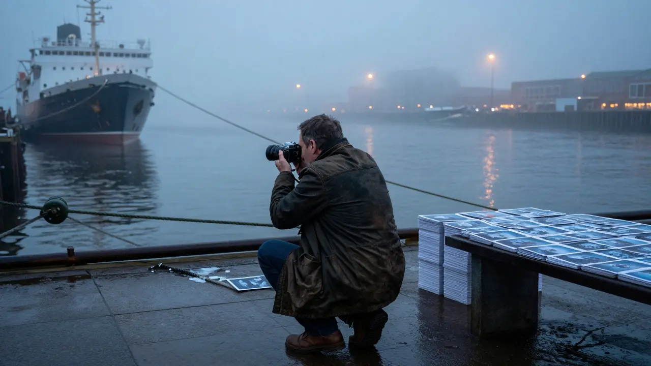 Fotograf am Hamburger Hafen bei Nebel, filmt ein ankommendes Schiff mit einer analogen Kamera.