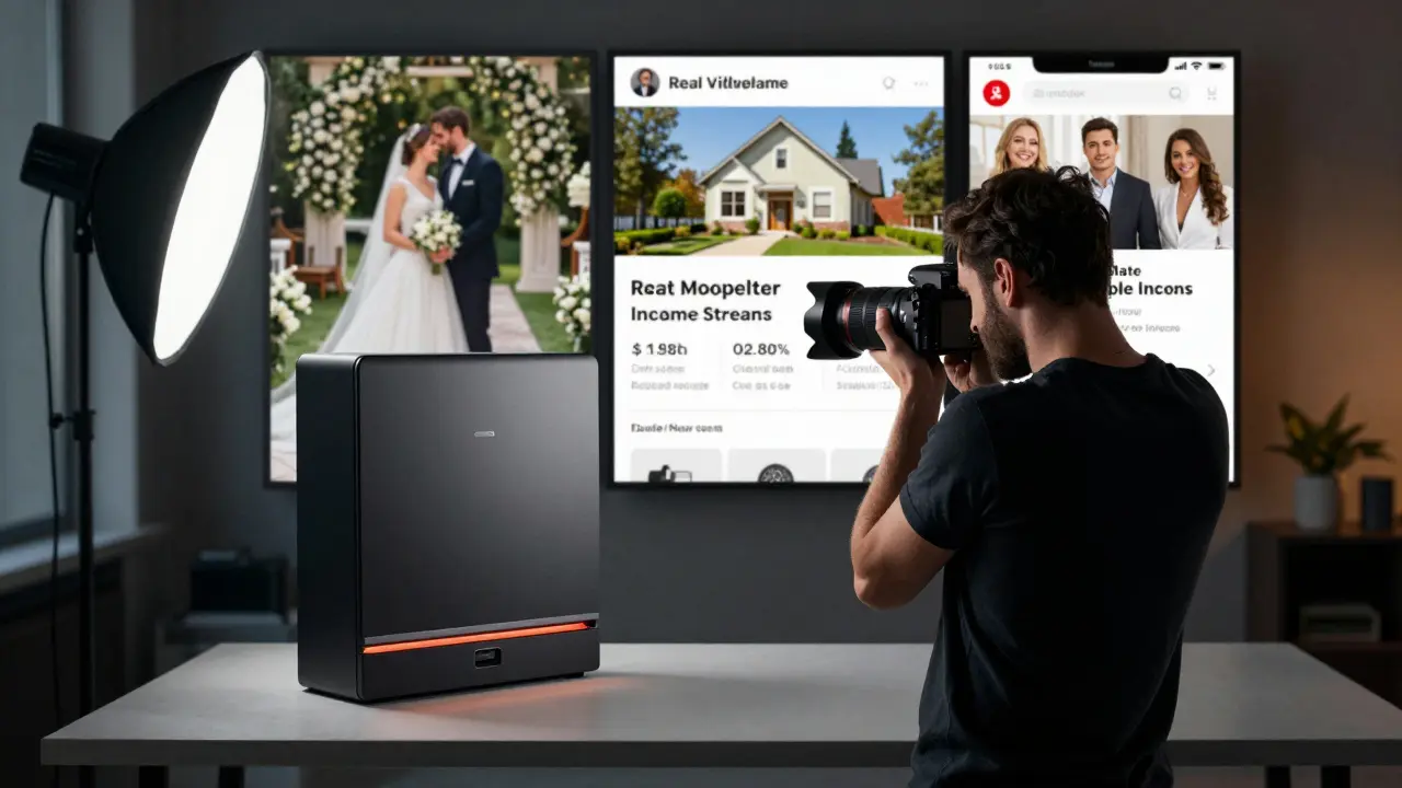 Fotograf macht Produktfotos, während im Hintergrund Hochzeit, Immobilien und Social Media gezeigt werden.