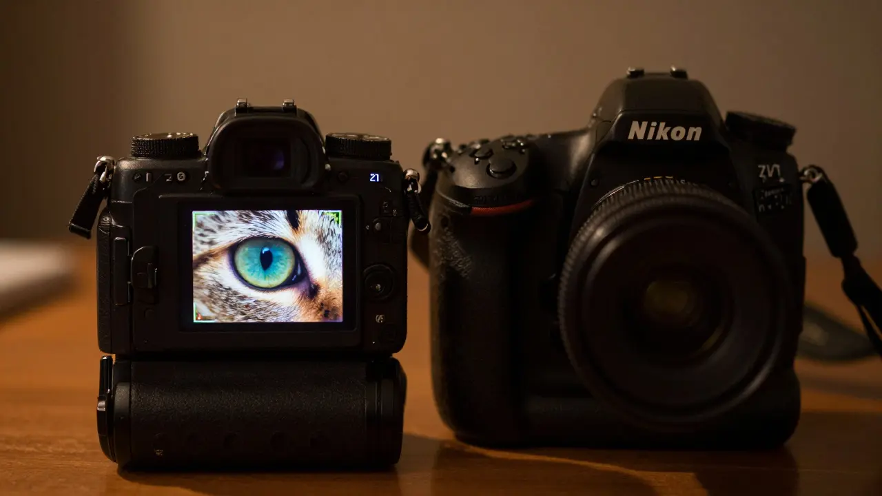 Fotograf mit Nikon Z6 II, elektronischer Sucher zeigt scharf fokussiertes Katzenauge mit Fokus-Peaking.