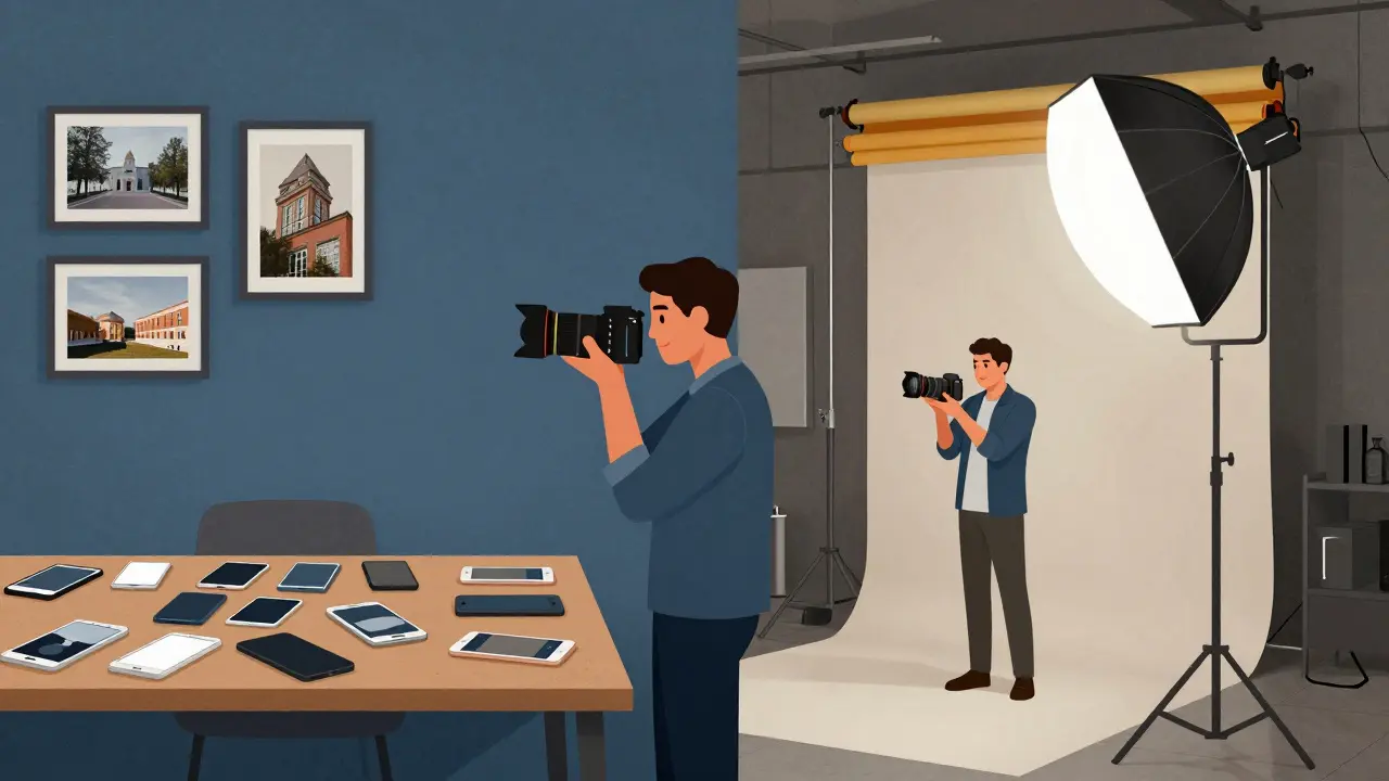 Fotograf steht zwischen Smartphone-Schnappschüssen und professionellen Produktbildern — Symbol für den Wandel in der Fotografie.