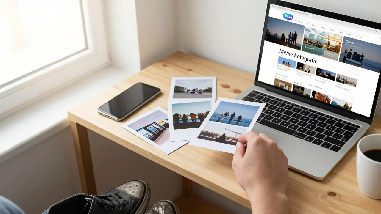 Fünf Fotos auf einem Regal neben Smartphone und Laptop, Symbol für einen bescheidenen Start.