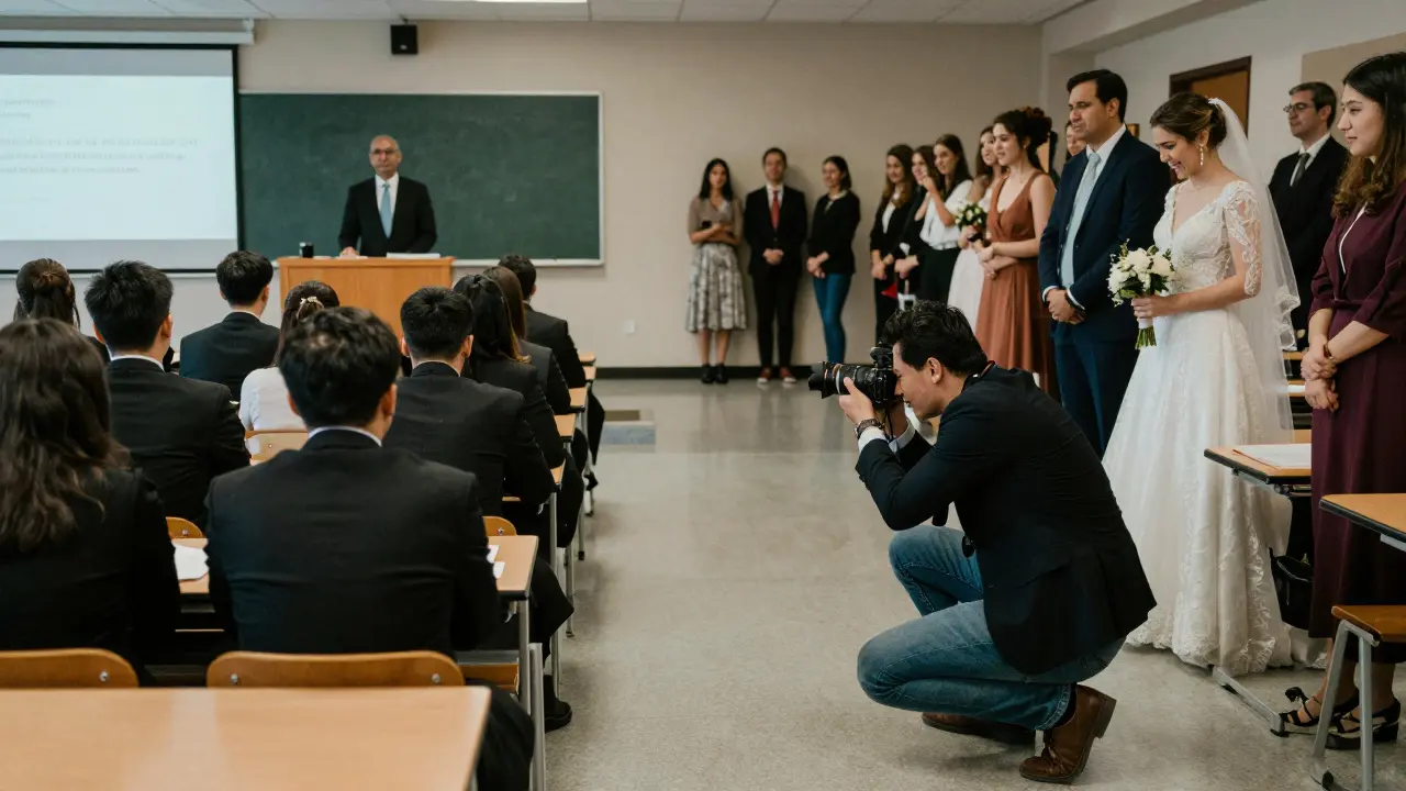 Gegensatz: Universitätsvorlesung vs. Hochzeitsfotografie in Aktion.