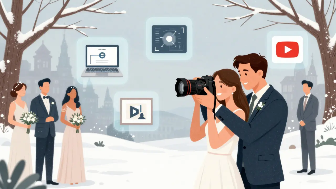 Hochzeitsfotograf im Schnee, umgeben von schwebenden Einkommensquellen wie Kursen, Bildlizenzen und YouTube.
