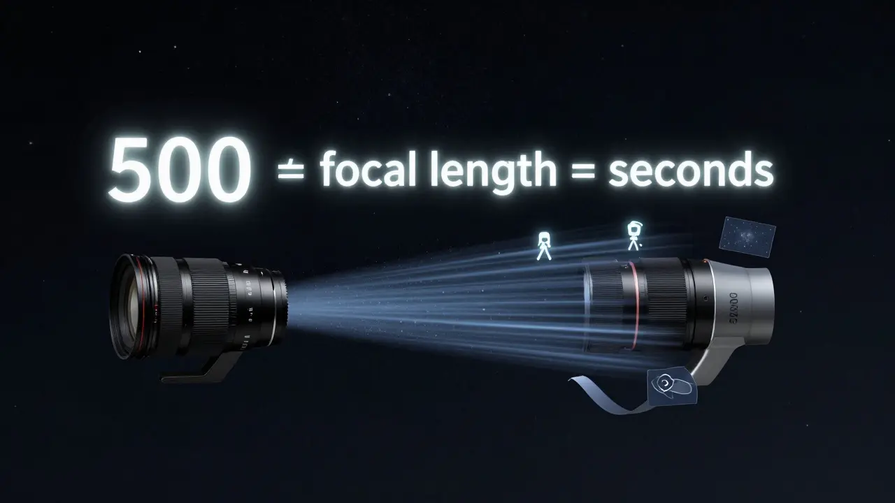 Konzeptuelle Darstellung der 500-Regel: Gleichung mit scharfen und verschwommenen Sternen je nach Brennweite.