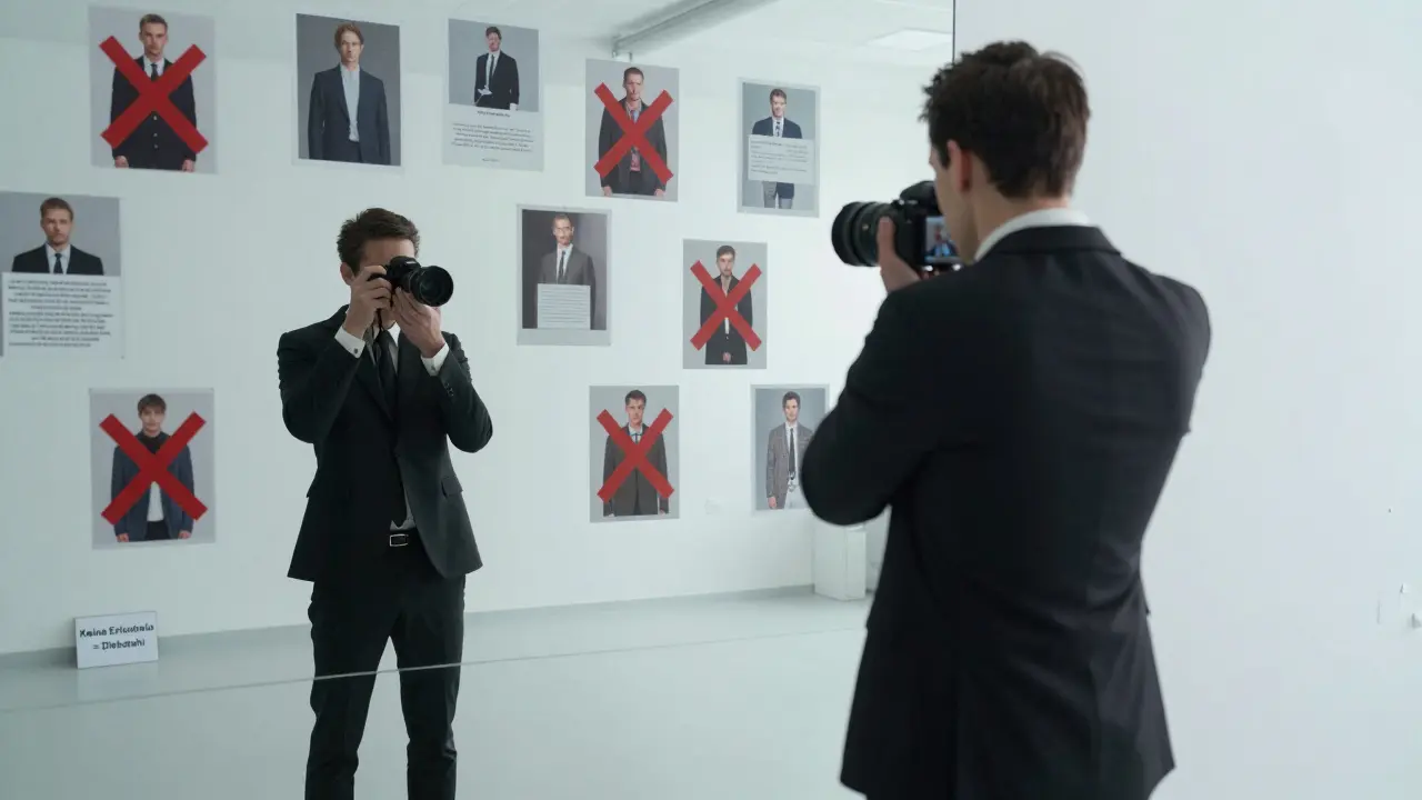 Mann vor Spiegel, dessen Reflexion ein Fotograf ist, umgeben von illegal bearbeiteten Bildern mit roten Verbotssymbolen.