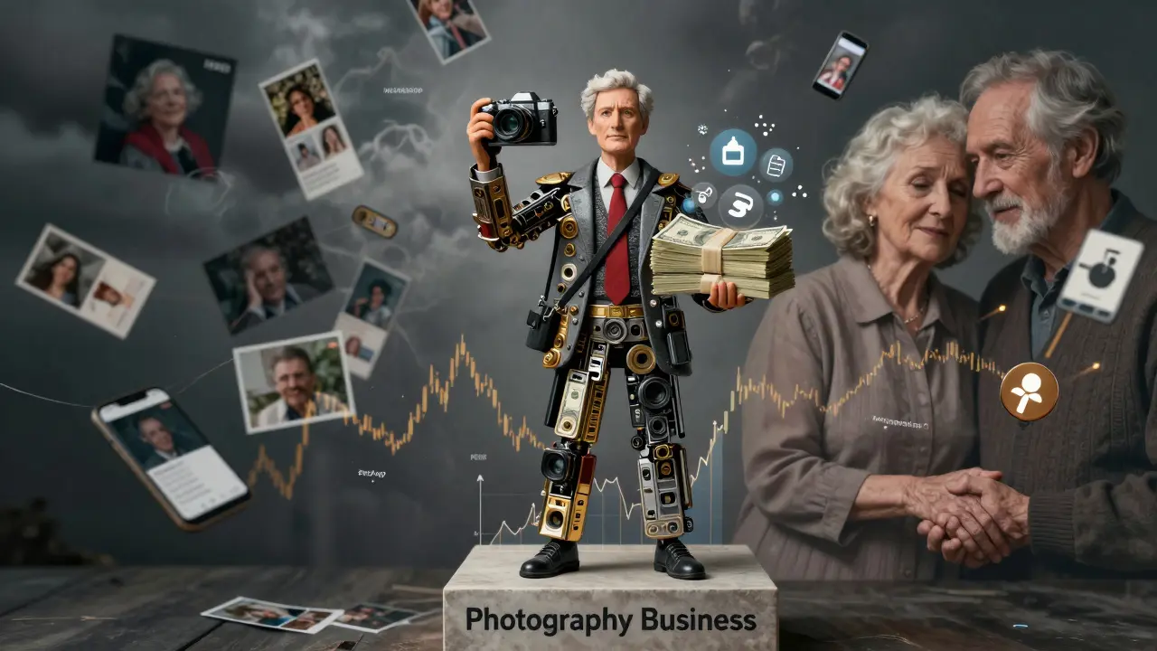 Mensch aus Kamerateilen und Finanzdiagrammen hält ein emotionales Foto, während KI-Bilder um ihn herum wirbeln.