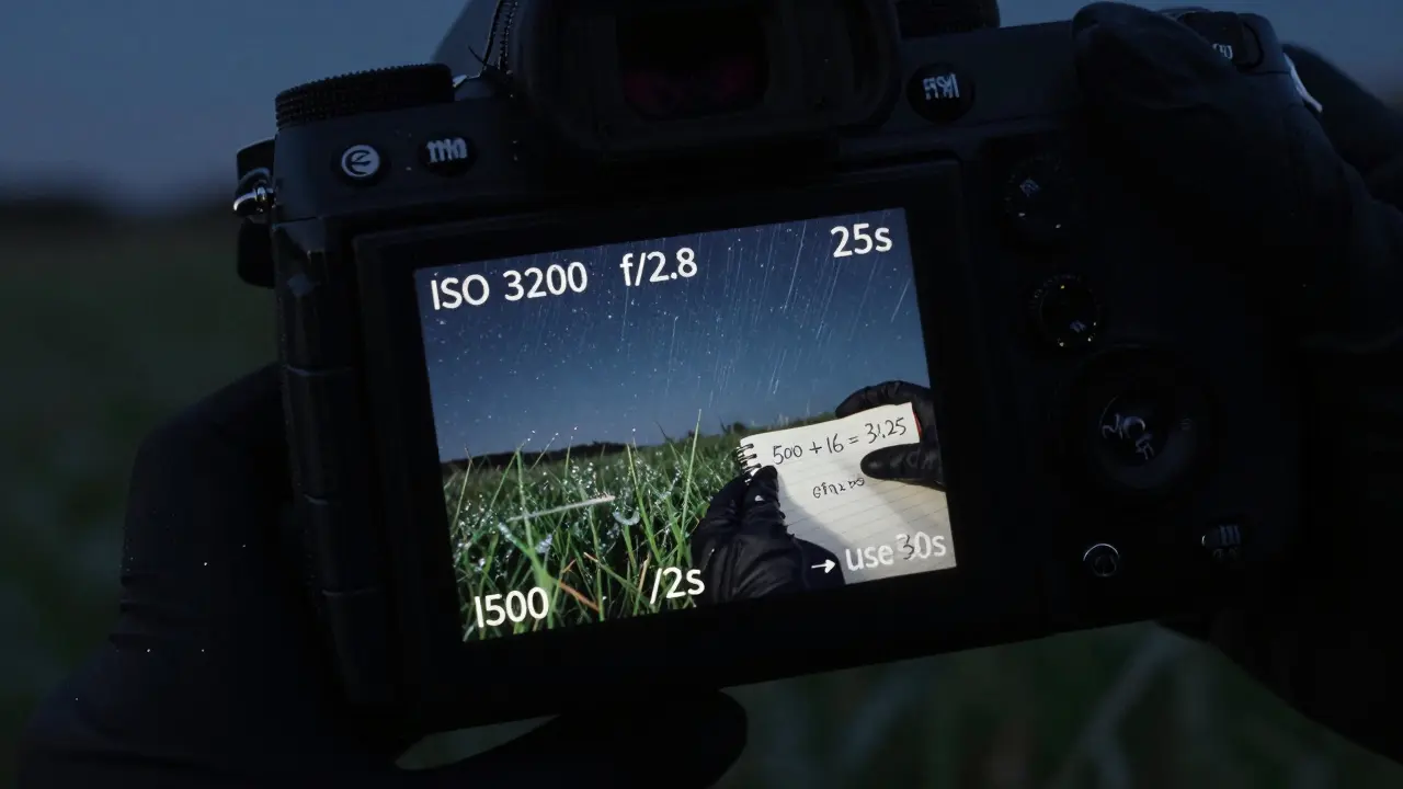 Nahaufnahme der Kameradisplay mit Sternenhimmel und handschriftlicher Berechnung der 500-Regel.