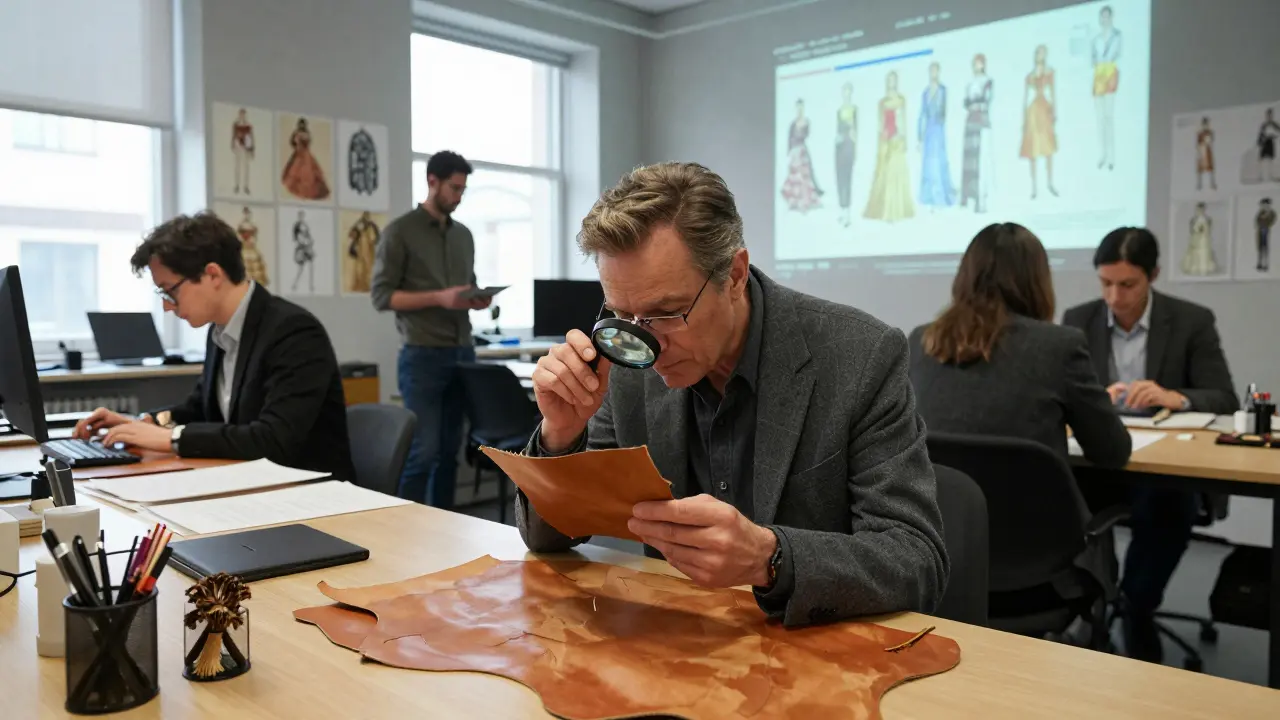 Nicolas Ghesquière in einem Labor mit Pilzleder und holografischen Entwürfen, umgeben von Forschern.