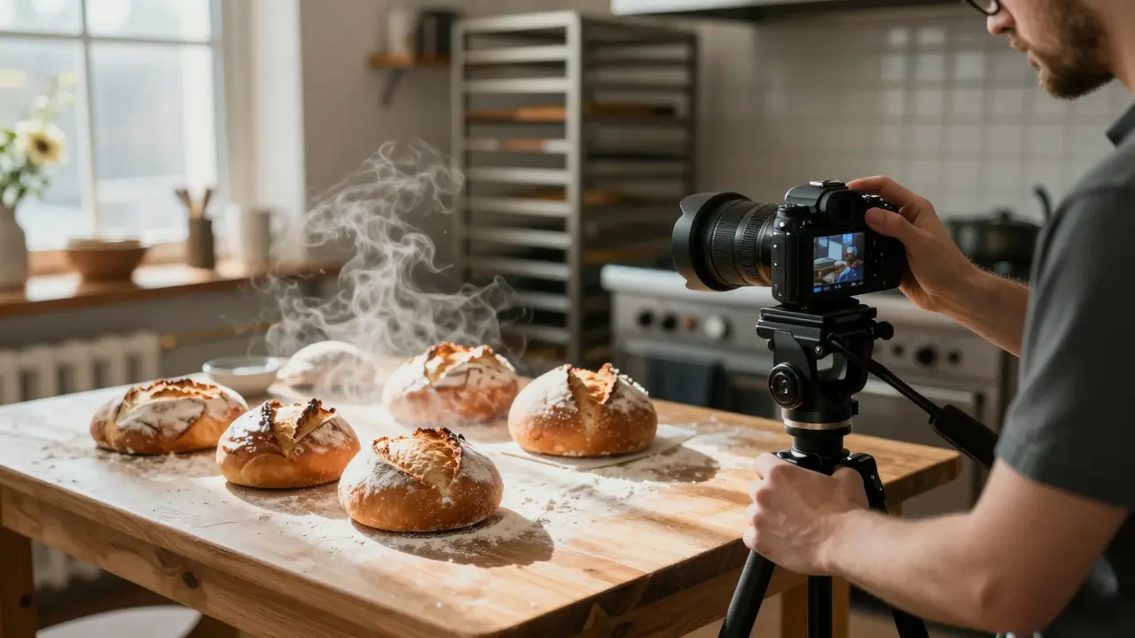 Person filmt Bäckerei mit Nikon Z30, Tageslicht und frisches Brot im Fokus.