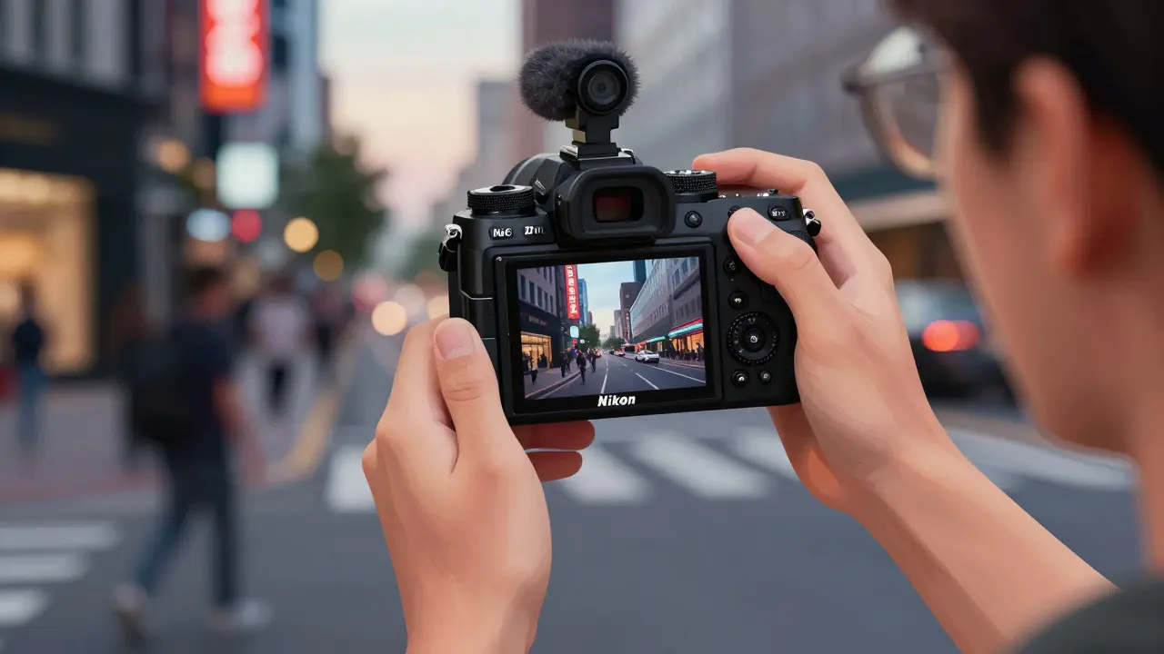 Person filmt ein Selfie mit Nikon Z30 in einer belebten Stadt bei Dämmerung, Touchscreen zeigt ihre Reflexion.
