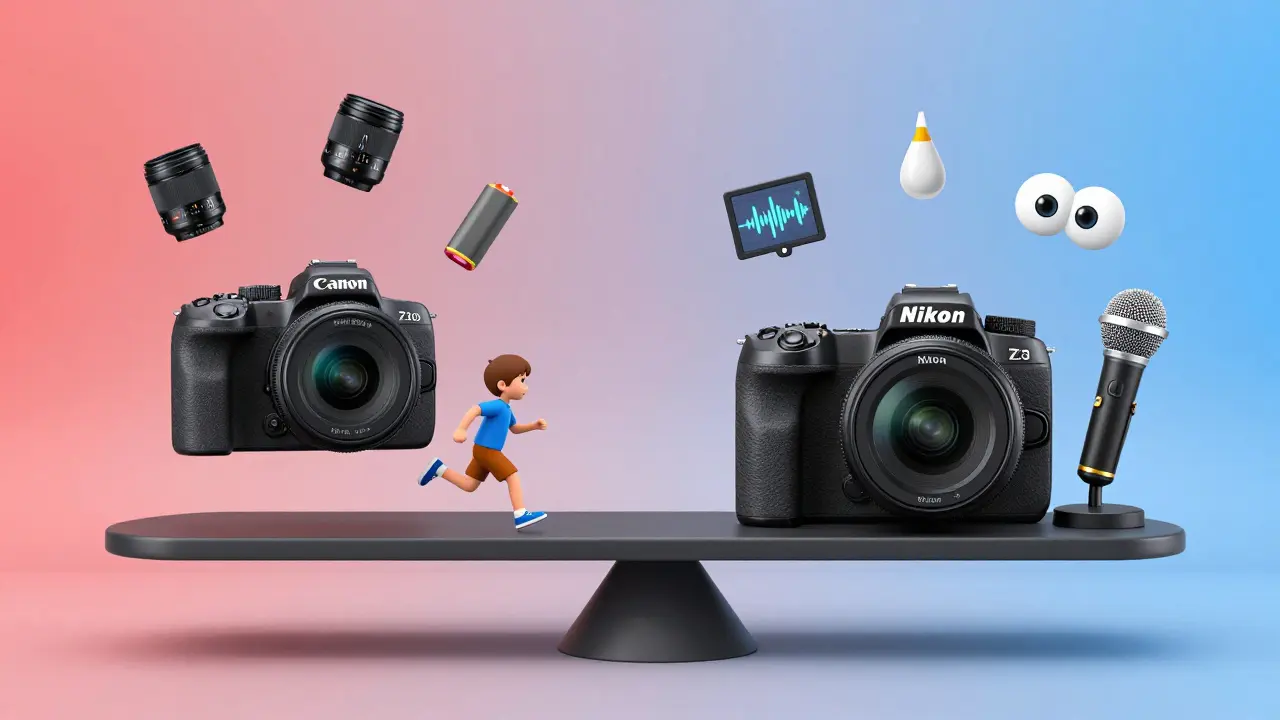 Vergleich von Canon R50 und Nikon Z30 als Waage mit symbolischen Fotografie-Elementen.