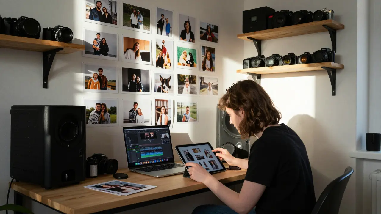 Wohnzimmer-Studio mit gedruckten Fotos und Kameraausrüstung in Berlin.