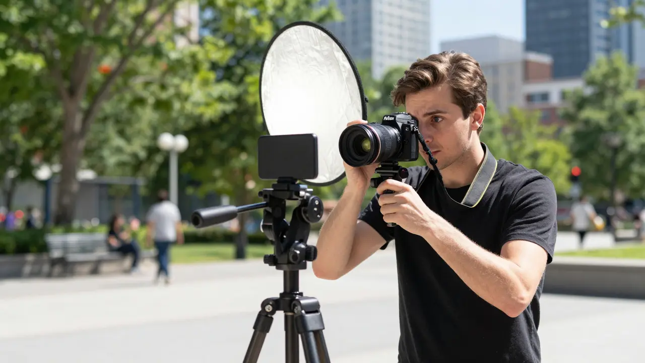 YouTuber filmt im Sonnenlicht mit Nikon Z30 in einem urbanen Park, Reflektor beleuchtet das Gesicht.