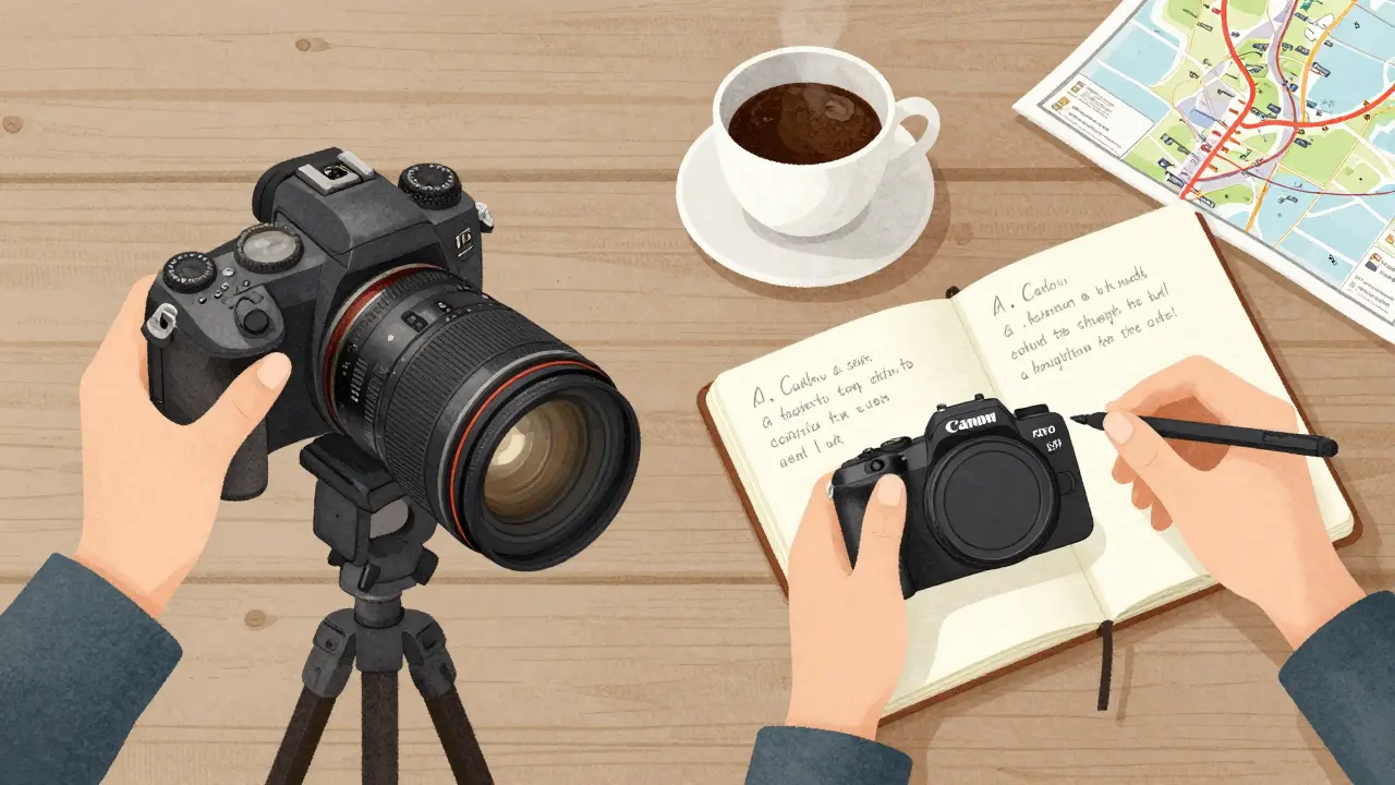 Zwei Hände: eine mit teurer Profiausrüstung, die andere mit einer einfachen Kamera und einem Notizbuch voller Lernnotizen.