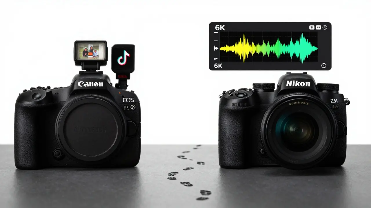 Zwei Kameras nebeneinander: Canon R50 mit Blitz und Nikon Z30 mit Video-Wellenform, symbolisieren verschiedene Fotografie-Wege.