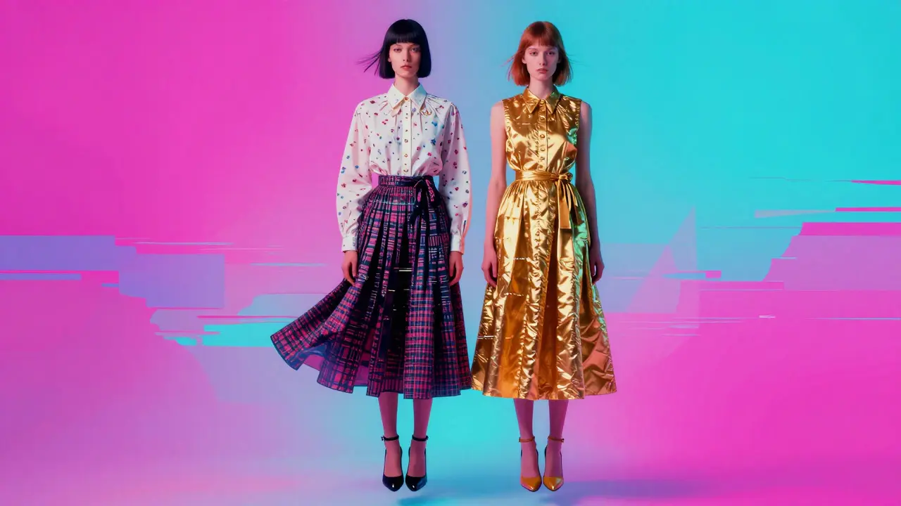 Zwei Models in futuristischen Dior-Kleidern schweben in einer neonfarbenen, digitalen Landschaft mit glitchartigen Effekten.
