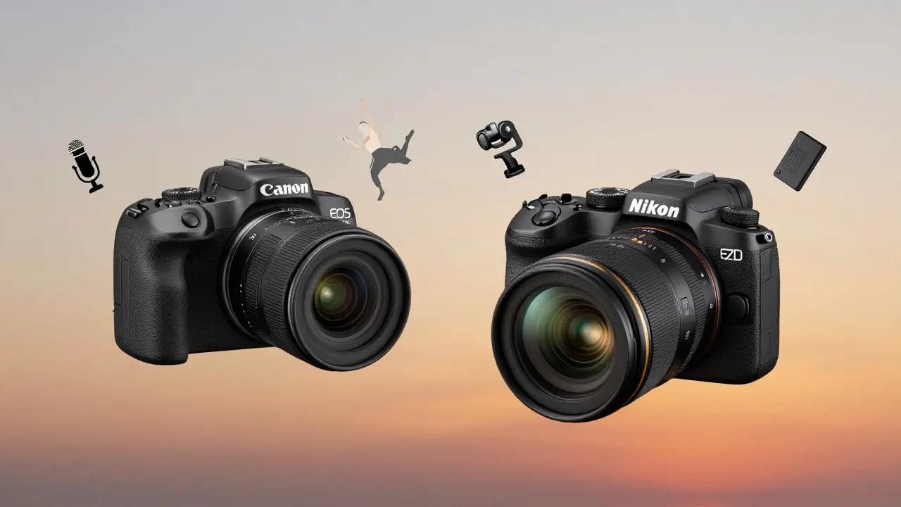 Zwei moderne Kameras, Canon R50 und Nikon Z30, werden in einem Sonnenuntergangs-Hintergrund dargestellt, mit Symbolen für Audio und Stabilisierung.