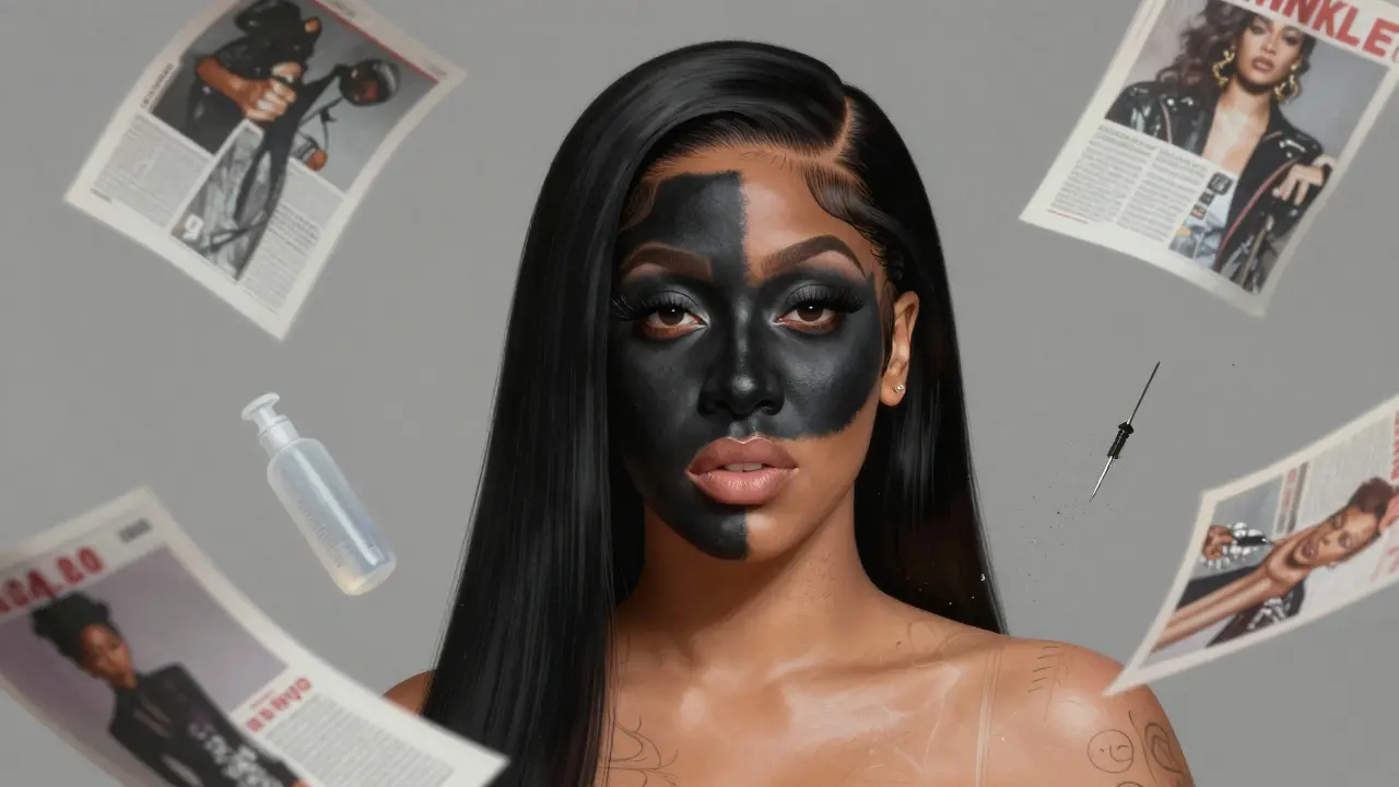 Cardi Bs Gesicht halb als Make-up, halb als echte Haut — eine Metapher für Illusion und Wirklichkeit.