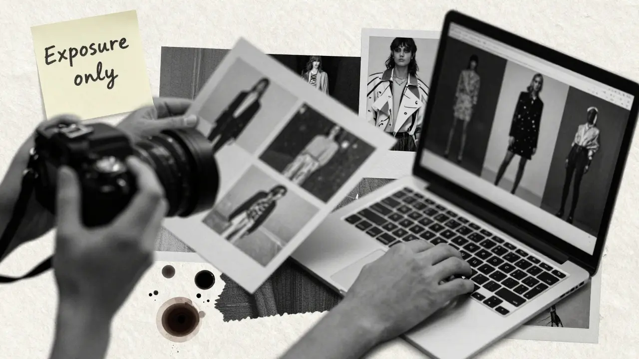Collage aus Händen, Kamera, Portfolio und Kaffeebecher mit Notiz 'Exposure only' – alltägliche Realität einer Fashion-Fotografin.