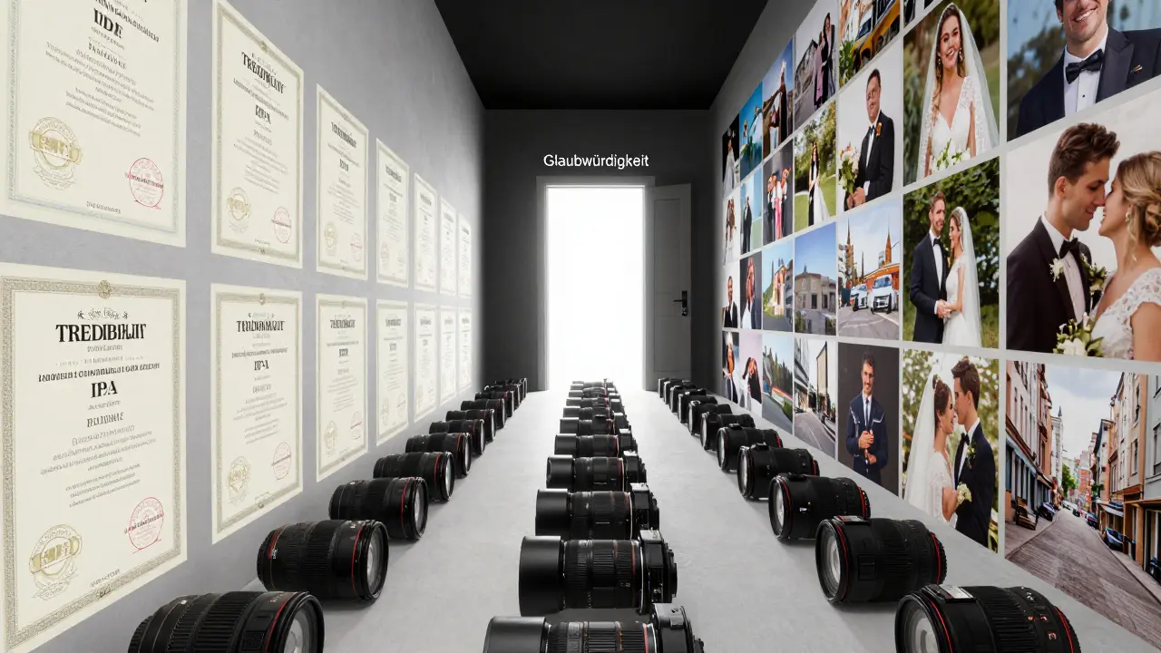 Ein Pfad aus Kameraobjektiven führt zu einer Tür mit 'Glaubwürdigkeit', auf einer Seite Zertifikate, auf der anderen Seite starke Fotografien.