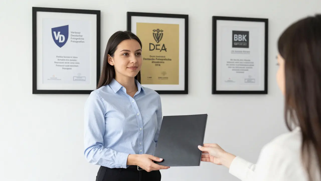 Eine Fotografin zeigt einem Kunden ein Portfolio, während hinter ihr Zertifikate von VDF, DFA und BBK an der Wand hängen.