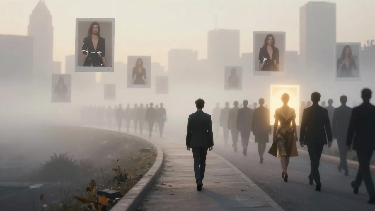 Einsame Figur geht durch Nebel, umgeben von schwebenden, teils zerrissenen Fashion-Bildern, ein einzelnes Bild leuchtet warm.