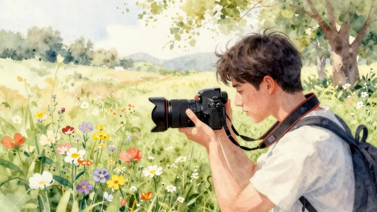 Hobbyfotograf fotografiert Blumen in Park mit DSLR