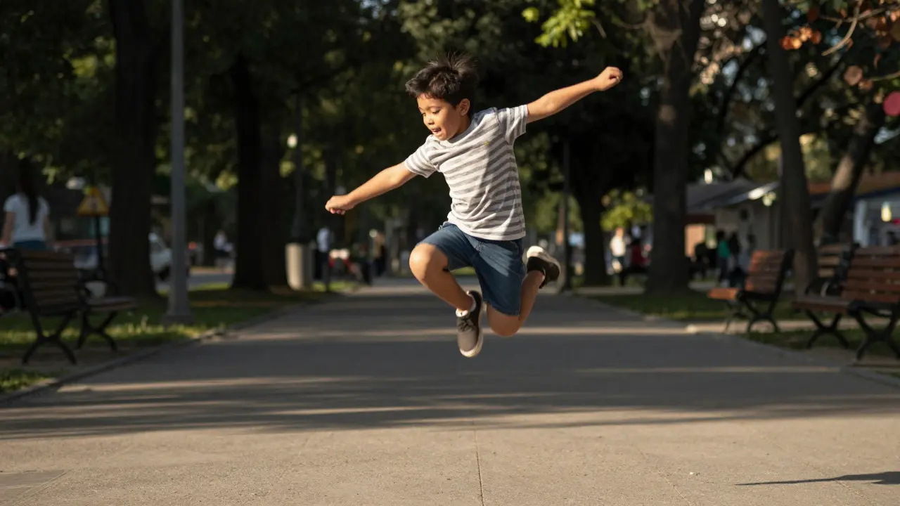 Kind springt in Sonnenlicht, dynamischer Moment mit Unschärfe im Hintergrund.