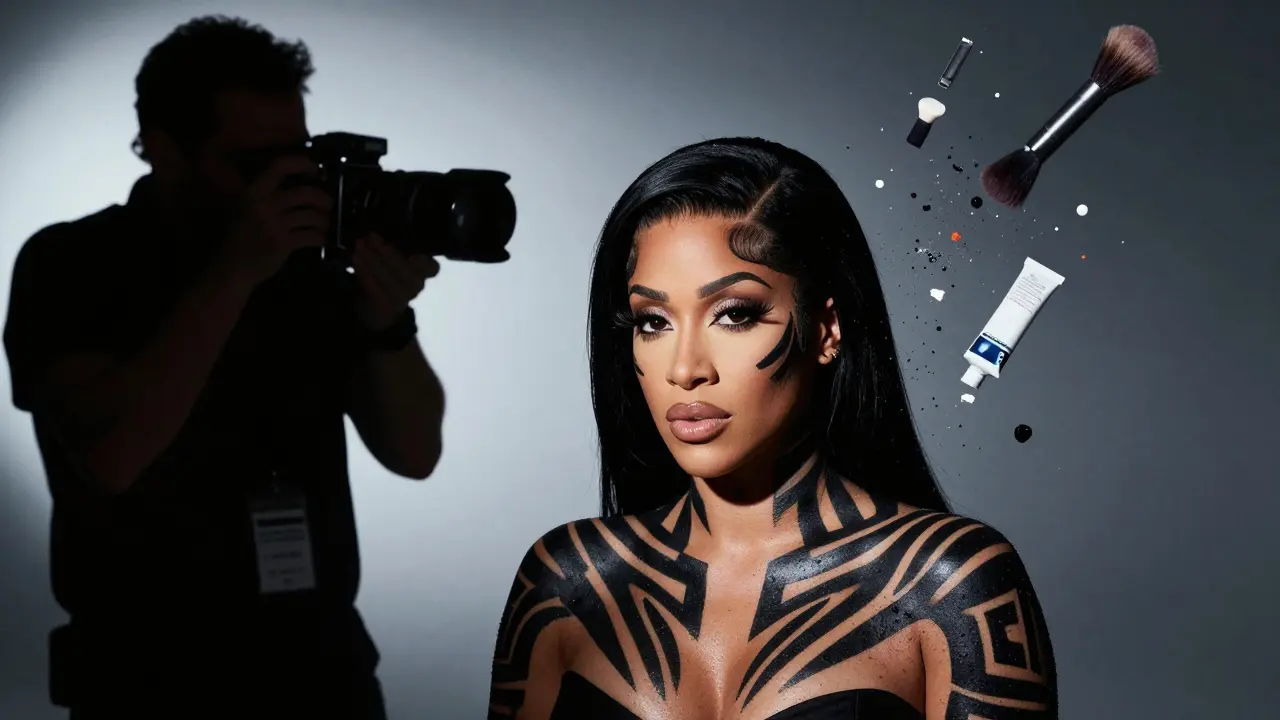 Künstlerisches Fotoshooting von Cardi B mit schwarzen Körperfarbmustern, umgeben von Fotografie-Tools.