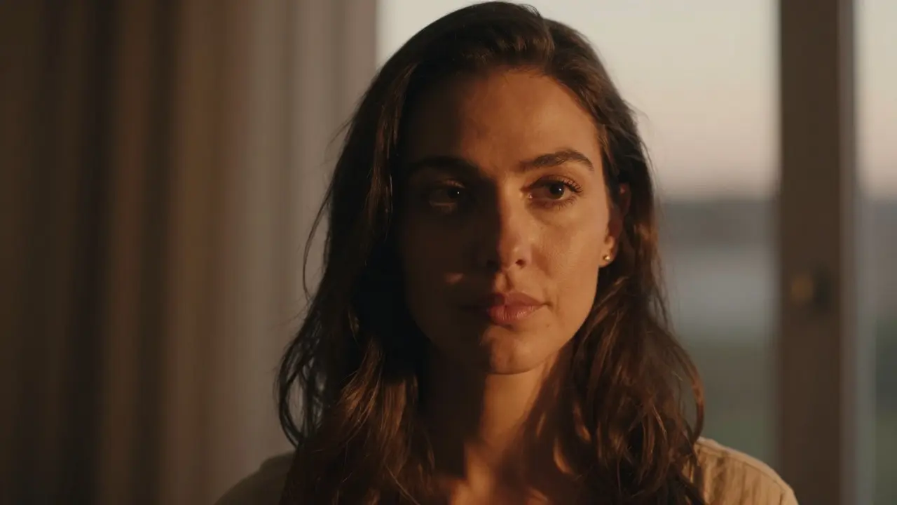 Porträt einer Frau bei sanftem Fensterlicht während der goldenen Stunde.